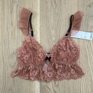 Out From Under Chloe Lace Swiss Dot Bralette in light sand, size medium.